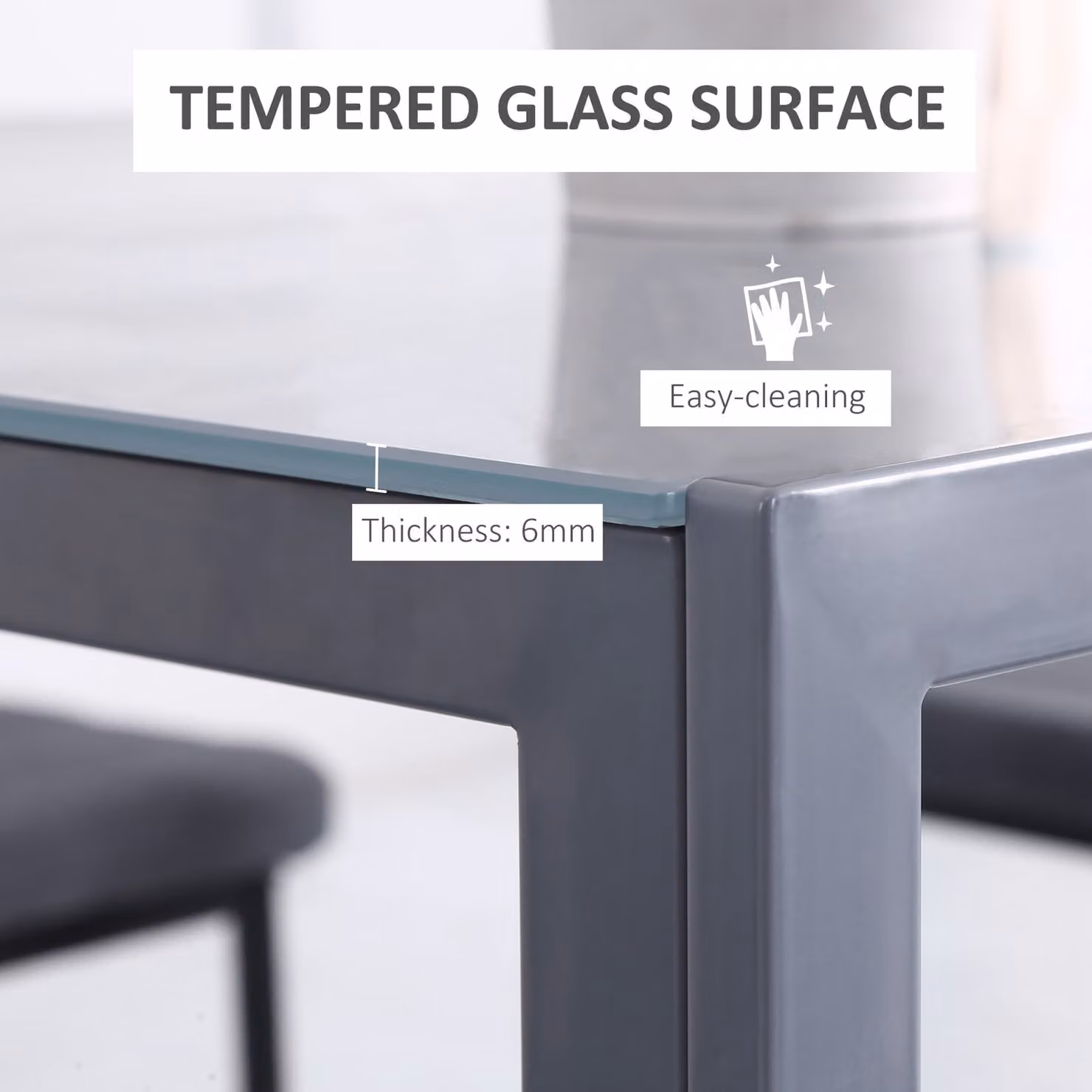 HOMCOM Modern Square Glass Top Dining Table with Metal Legs, Grey, W/D/H: 80 x 75 x 75 cm – 5