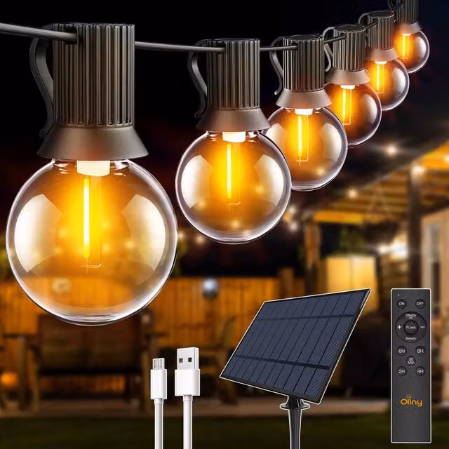 Ollny Solar USB String Lights with Remote Control, 10m Black G40 Bulbs, IP45 Warm White Sphere Lights with 3 Modes – 1