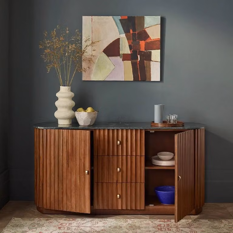 Atkin and Thyme Jude Fluted Marble Sideboard in Green and Brown Mango Wood
