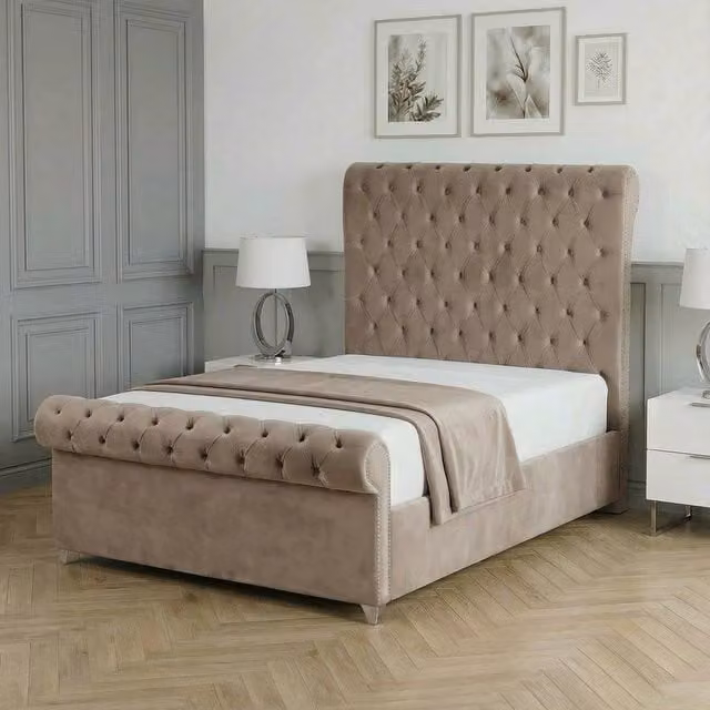 Living Comfort Bedz Regency Sleigh Ottoman Gas Lift Upholstered Velvet Bed in Beige, Super King Size (200 x 200 cm)