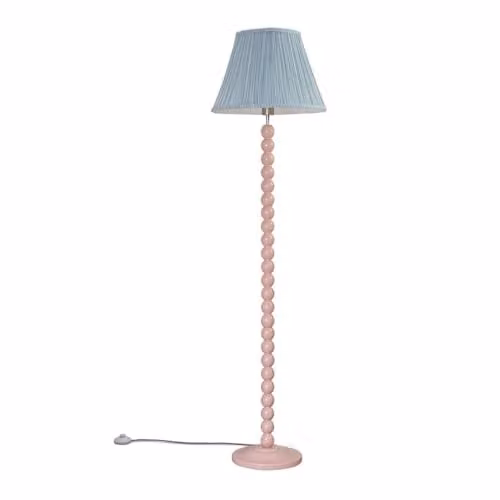 ValueLights Bobbin Stem Standing Floor Lamp in Rose Pink with Blue Fabric Pleated Shade – 1