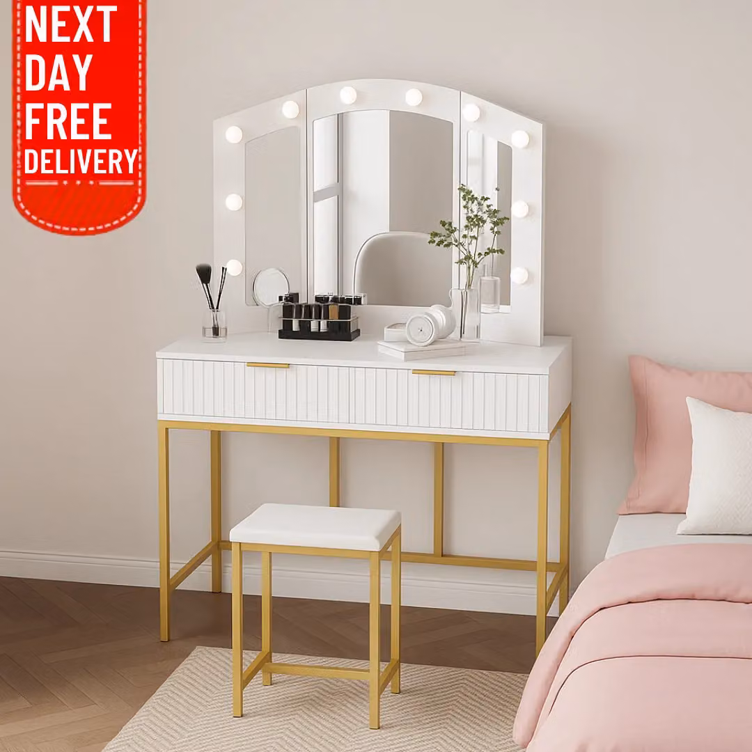 KOSY KOALA Hollywood Style Dressing Table Set with LED Mirror, Drawers and Stool in White and Gold – 2