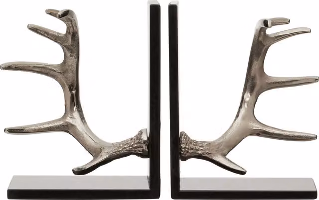 Orsina Set of 2 Silver Metallic Antler Bookends with Black Marble Base – 1