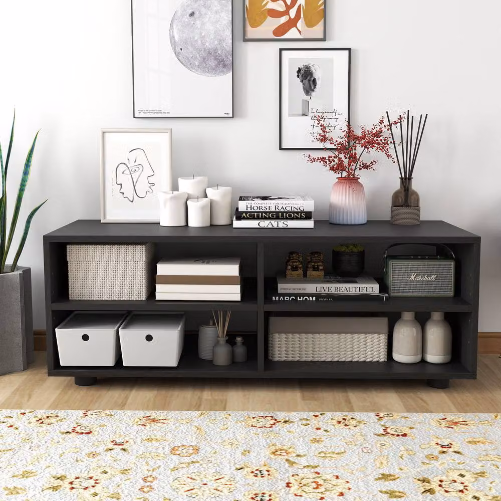 Gymax Modern Black Entertainment Center TV Stand with 4 Compartments, Width: 90 cm – 4