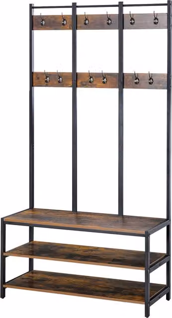 HOMCOM Industrial Hall Tree Coat Rack Stand with Bench and Shoe Storage, Rustic Brown and Black, W: 100 cm, D: 40 cm, H: 184 cm – 1