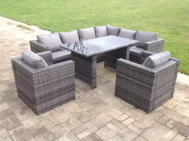 Fimous Outdoor Rattan Corner Sofa Set with Rectangular Dining Table and Chairs in Dark Grey