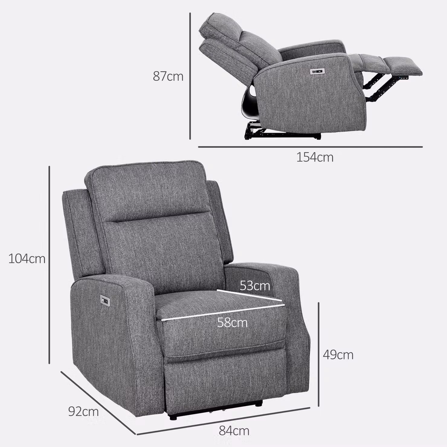 HOMCOM Electric Reclining Armchair with Adjustable Leg Rest and USB Port, Charcoal Grey – 2