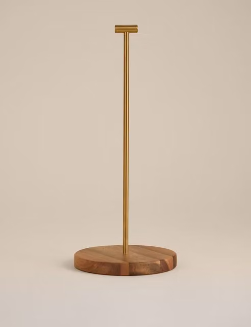 M&S Freestanding Wooden and Metal Kitchen Roll Holder in Gold and Beige