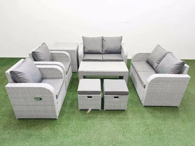 Fimous 8 Seater Rattan Garden Furniture Set in Light Grey with Oblong Coffee Table, 2 Stools and Side Table