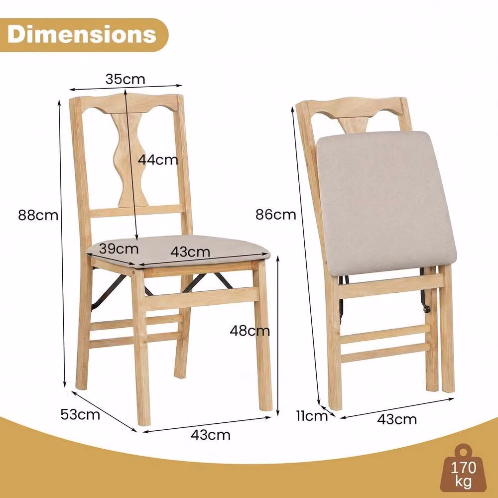 EONLION Set of 2 Folding Dining Chairs in Natural Rubberwood with Beige Fabric, Height: 100 cm – 2