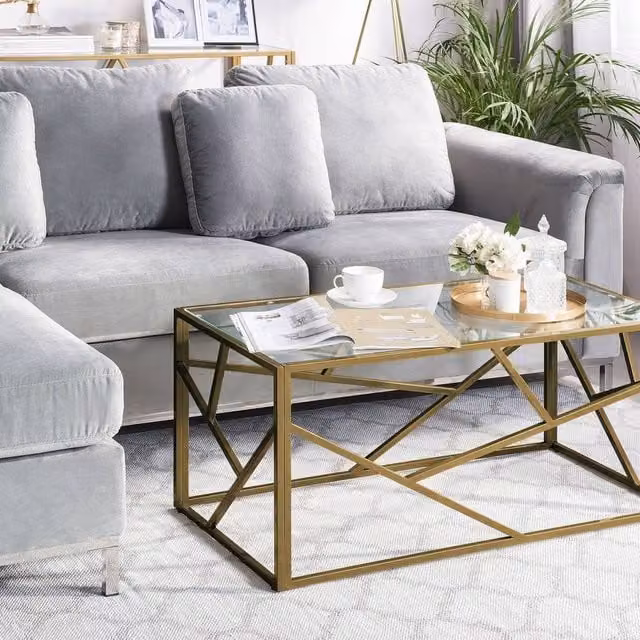 Wyld and Coco Geometric Gold Metal Frame Coffee Table with Glass Top W: 100 cm, D: 50 cm, H: 45 cm – 1