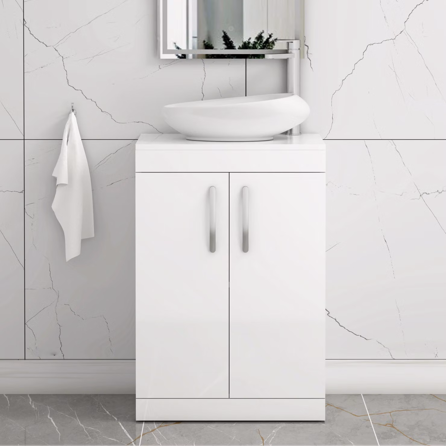 Royal Bathrooms Turin 600mm Floor Standing 2 Door Vanity Unit with Countertop Basin in Gloss White