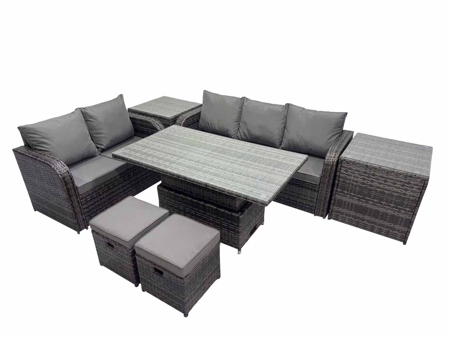 Fimous 7-Seater Rattan Garden Furniture Dining Set with 2 Small Footstools in Dark Grey – 2
