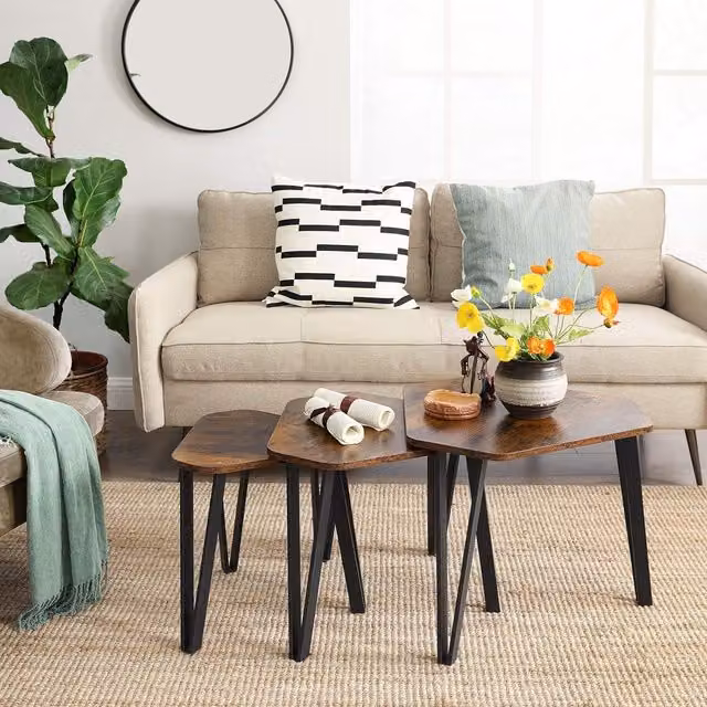 VASAGLE Nesting Coffee Table Set of 3, Industrial Style Stacking Side Tables in Brown