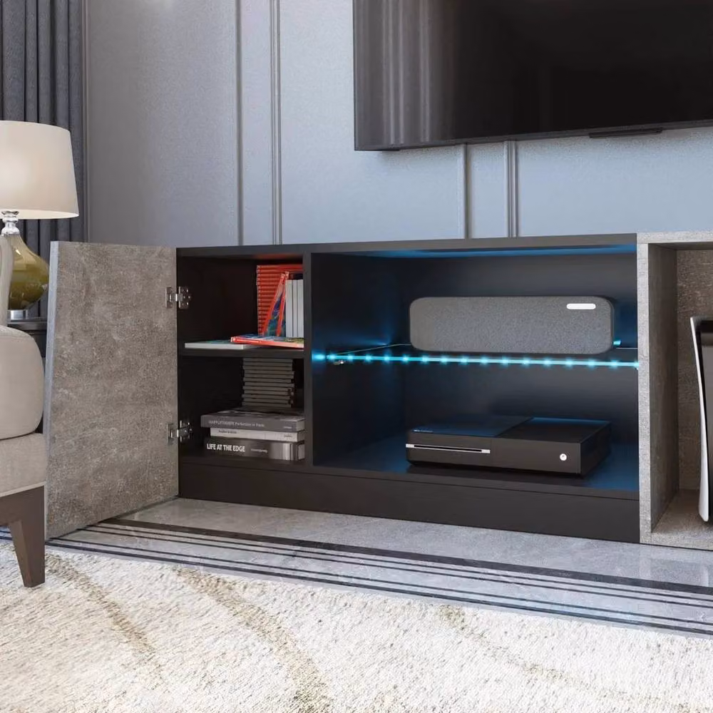 KORVIXA Minimalist Grey LED TV Stand with Glass Details and Integrated Lighting, W/D/H: 100 x 100 x 100 cm – 5