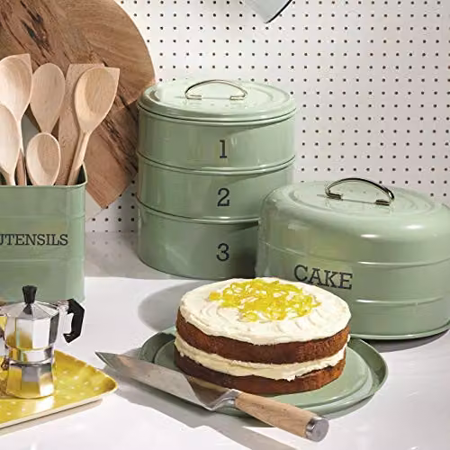 KitchenCraft Living Nostalgia 3-Tier Airtight Metal Cake Storage Tin, Green, W: 22 cm, D: 27 cm, H: 1.5 cm (per tier) – 3