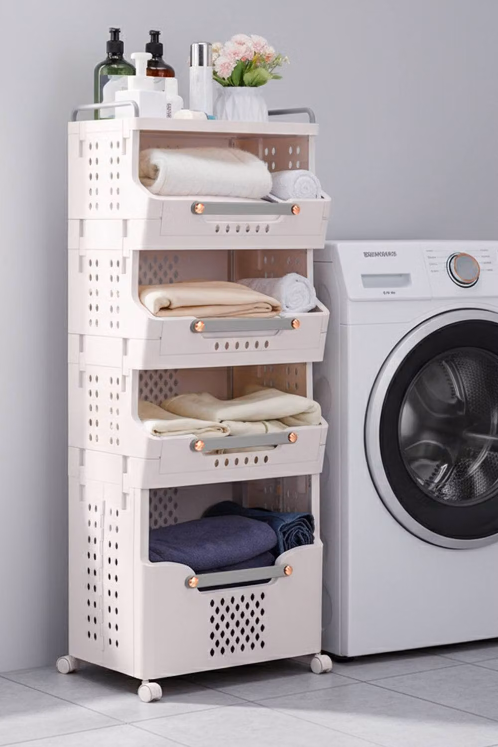 Living and Home 5-Tier Foldable Rolling Laundry Sorter Basket Storage Rack in White – 2