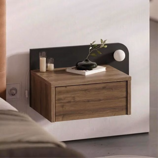 Decortie Dotta Wall Mounted Bedside Shelf with Drawer in Dark Oak Effect and Black, W: 30.0 cm, H: 28.0 cm, D: 52.0 cm