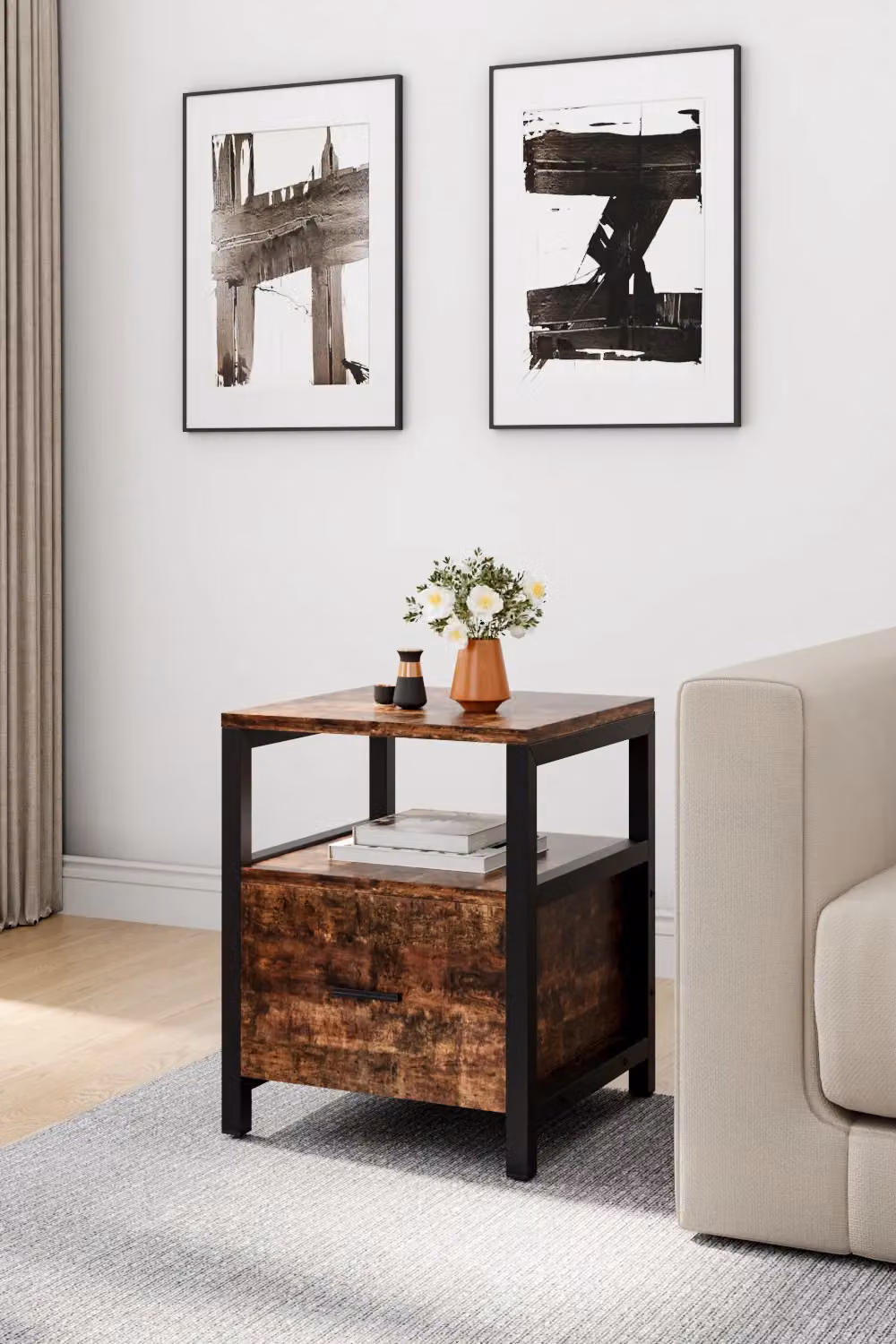 H&O Direct Industrial Wooden Side Table with 1 Drawer in Brown and Black – 2