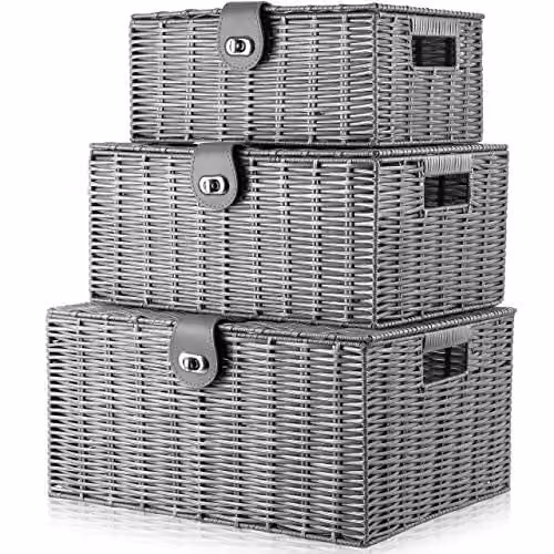 Arpan Set of 3 Resin Woven Storage Basket Boxes with Lid and Lock in Grey