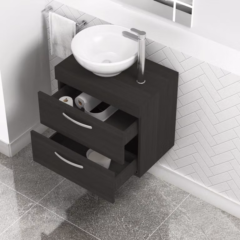 Royal Bathrooms Charcoal Oak 600mm Wall Mounted Bathroom Vanity Unit with 2 Drawers and Breeze Countertop Sink