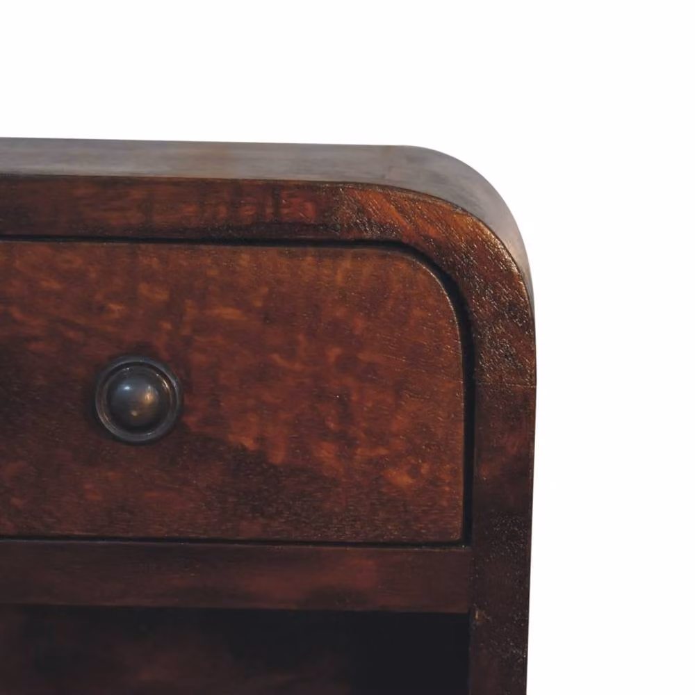 Wyld Haus Cagliari Small Curved Chestnut Bedside Table with Drawer and Open Shelf in Brown – 3