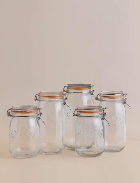 Kilner Set of 5 Transparent Glass Storage Jars with Stainless Steel Clip Lids