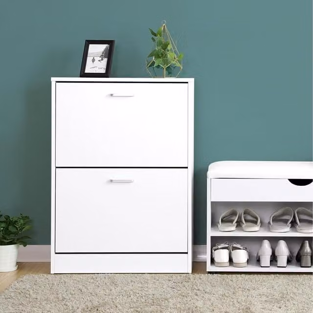 VASAGLE Modern White 2-Door Shoe Cabinet with Tilting Compartments and Internal Shelves