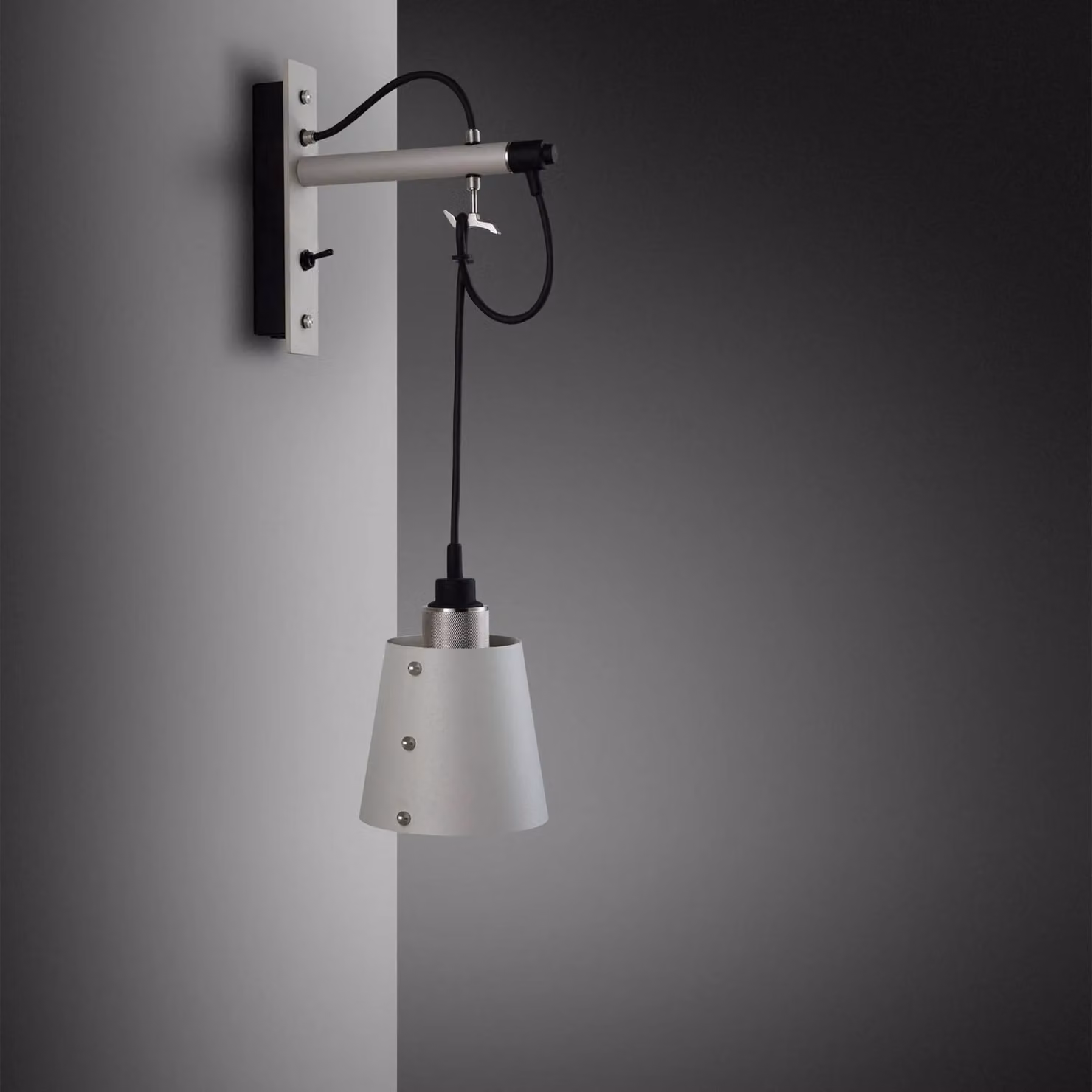 Buster + Punch Hooked Wall Light in Silver Metal with White Fabric Cord