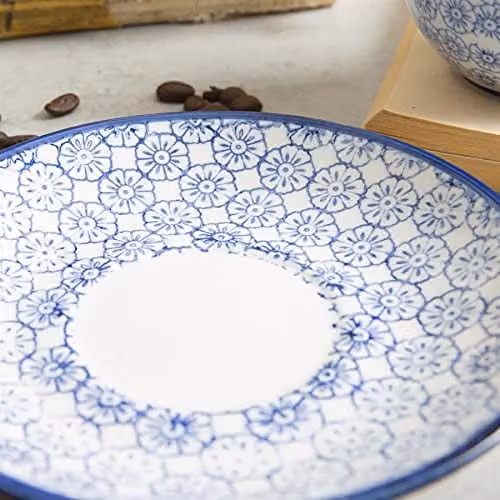 Nicola Spring Hand Printed Floral Stoneware Cappuccino Saucers, Blue, Pack of 6, Diameter: 14.5 cm – 3