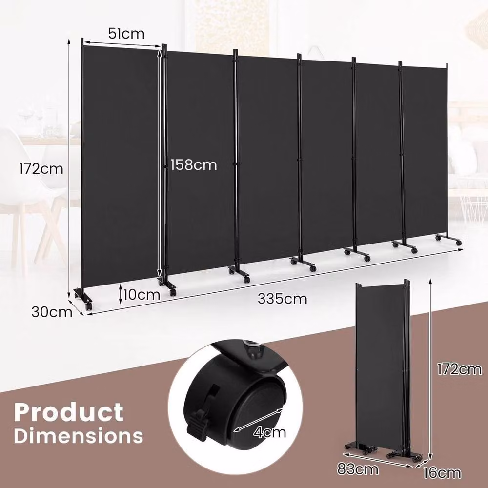 EONLION 6 Panel Rolling Room Divider in Black, Width: 100 cm – 2