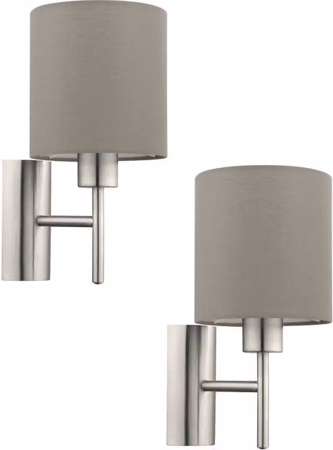 Loops 2 Pack Wall Lights with Taupe Fabric Shades and Satin Nickel Metal Finish, E27 60W with Rocker Switch – 1
