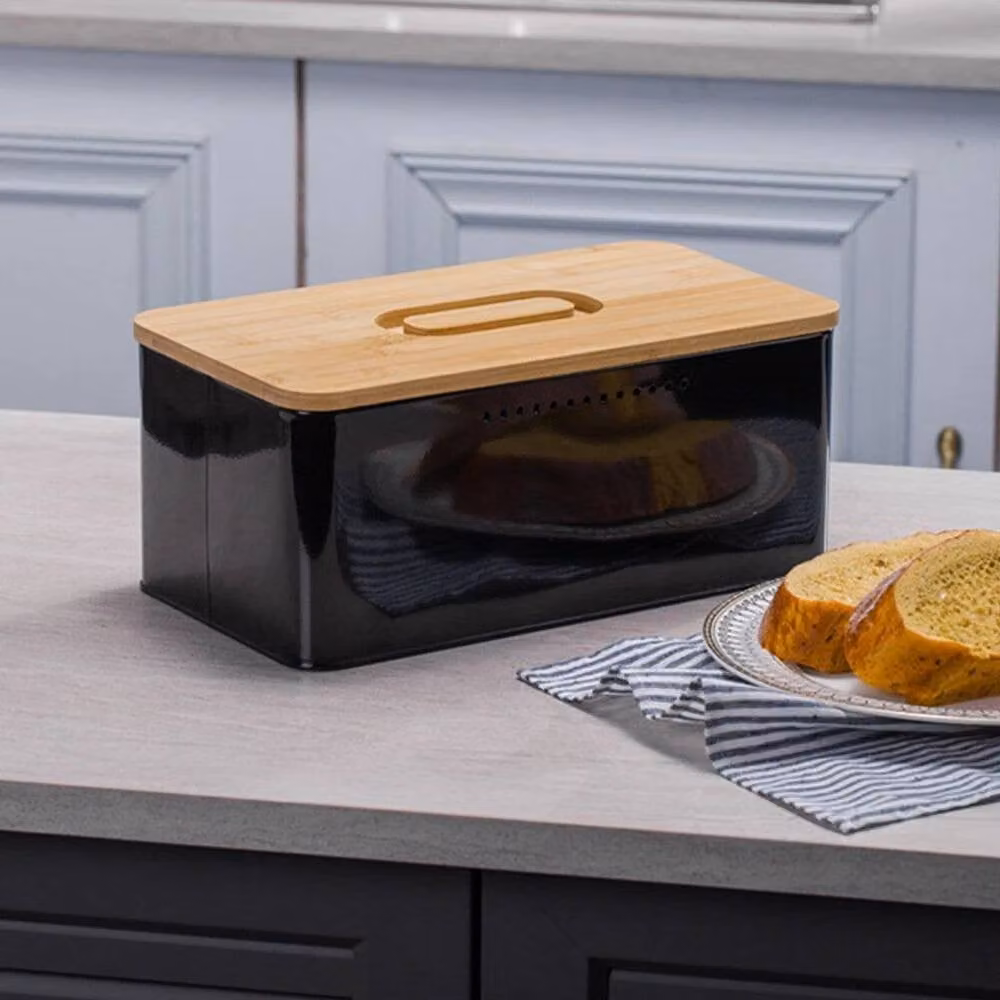 FORGEVIO Black Metal and Bamboo Bread Bin Storage Box – 3