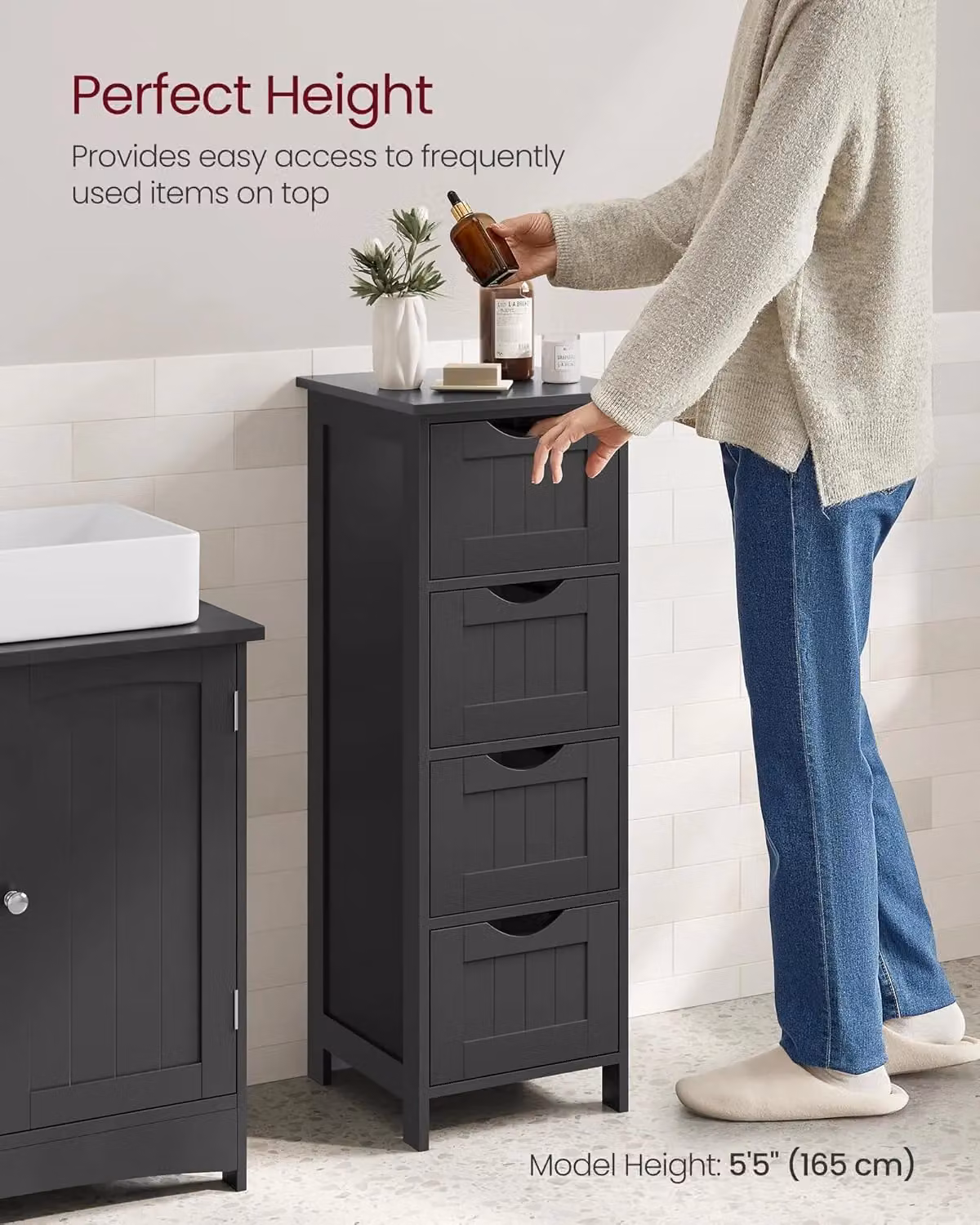 VASAGLE Compact Freestanding Bathroom Floor Cabinet with 4 Drawers in Black – 5