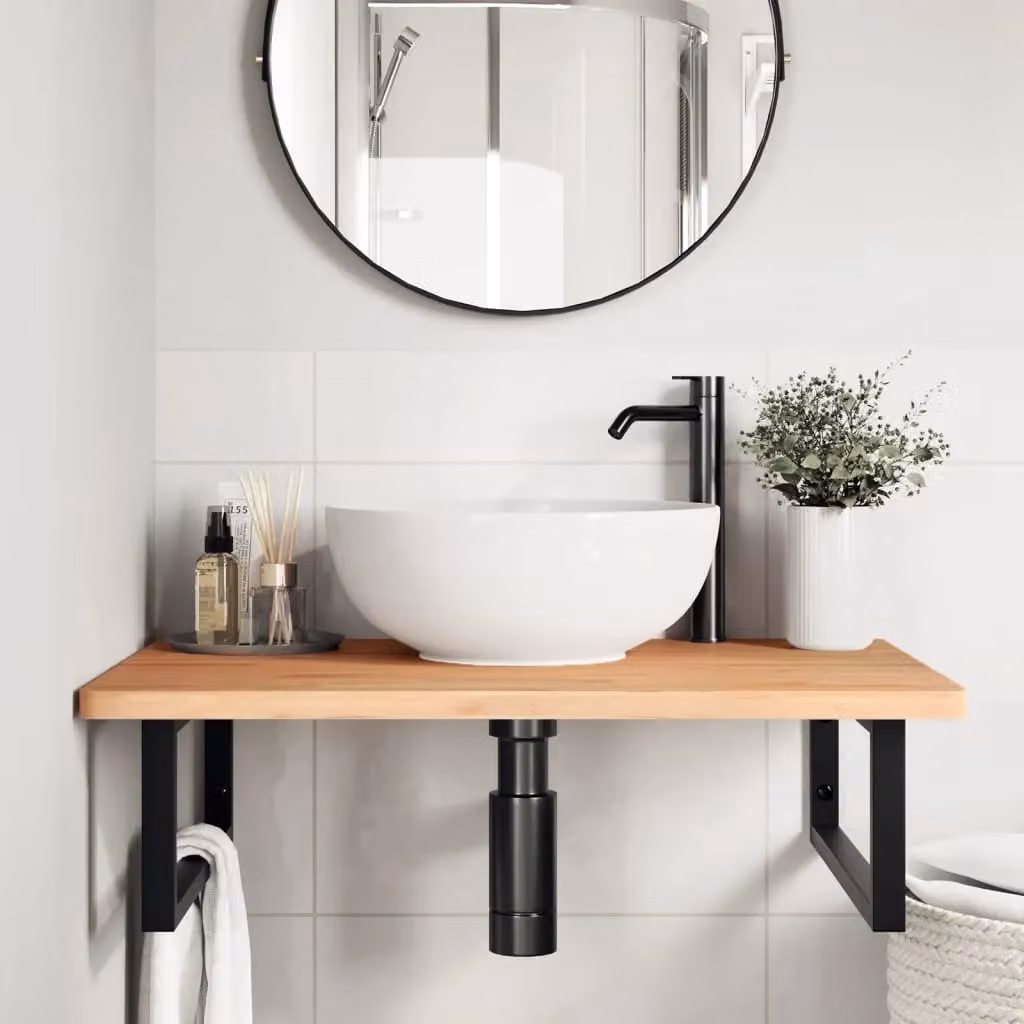 Berkfield Home Wall Mounted Basin Shelf in Brown Steel and Solid Beech Wood – 2