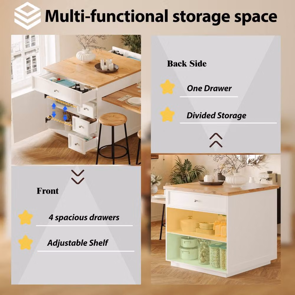 Merax White Extendable Kitchen Island Dining Table, W/D/H: 120 x 70 x 94 cm to 184 x 70 x 94 cm – 4