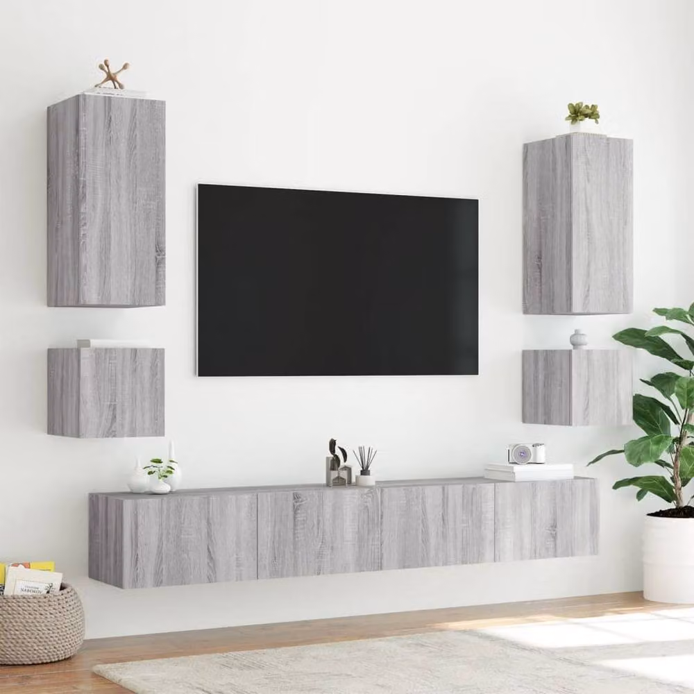 Berkfield Home Set of 2 Modern Wall Mounted TV Cabinets with Integrated LED Lighting in Grey Sonoma, W/D/H: 40.5 x 35 x 40.5 cm – 2
