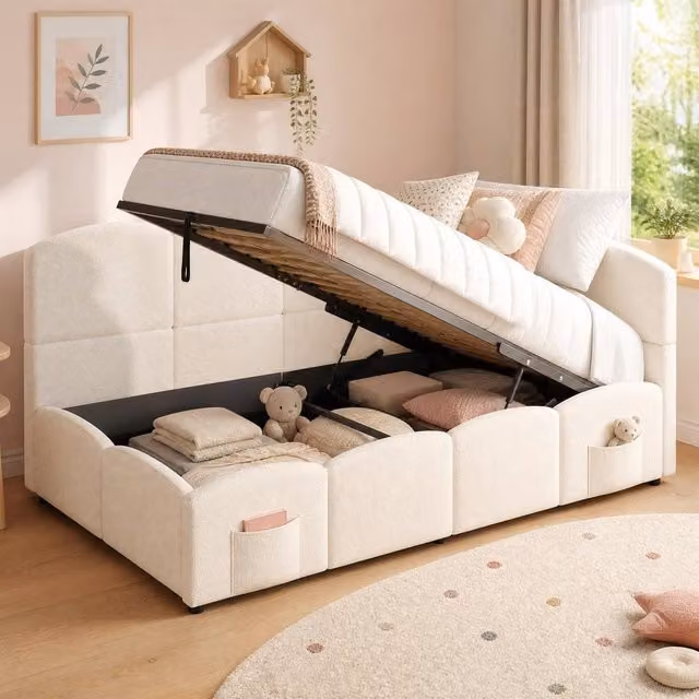 STILVORA Upholstered 3ft Single Bed Frame with USB Charging Port and Lift Up Base in Beige Boucle, W/D/H: 90 x 190 x 78 cm – 1