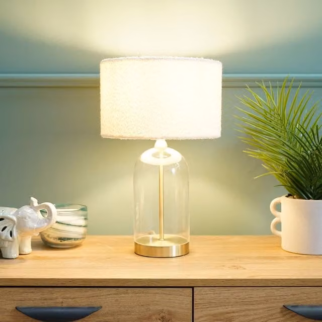 Jessy Glass Table Lamp with Gold/Brass Base and Beige Fabric Shade