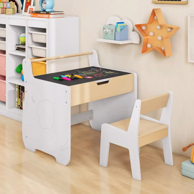 Costway Wooden Childrens Activity Table and Chair Set in Natural Wood and Beige