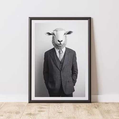 60 Second Makeover Sheep Wearing A Suit Paper Poster, Black and White, A4