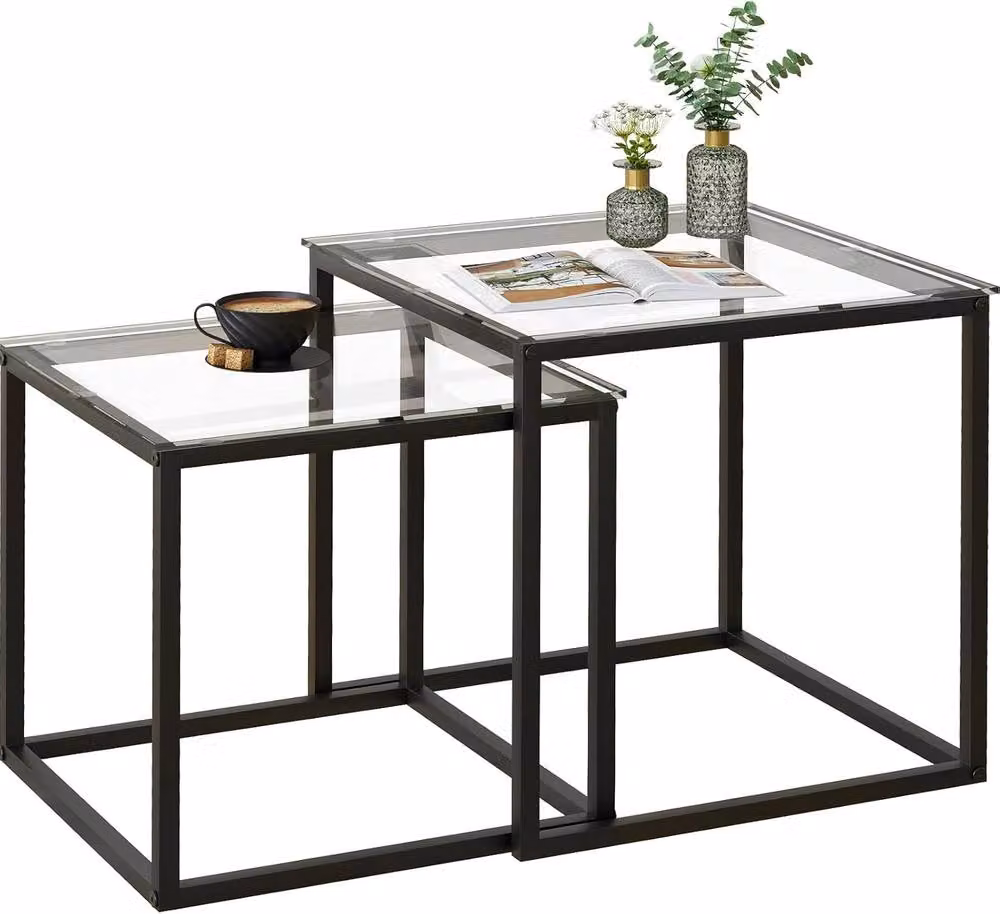 Huhote Set of 2 Modern Nesting Tables with Black Matt Metal Frame and Glass Tops – 2