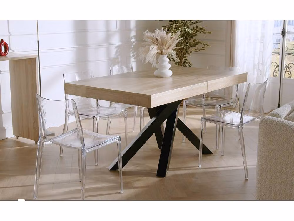 Vente-unique Extendable Rectangular Dining Table in Light Oak and Beige MDF and Metal, W/D/H: 100 x 90 x 75 cm – 3