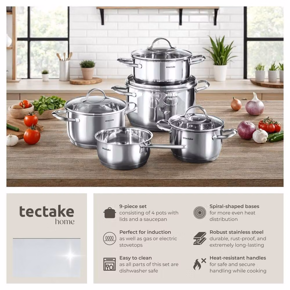 tectake Bologna XL 9-Piece Stainless Steel Pot and Pan Set in Silver, Induction Safe – 2
