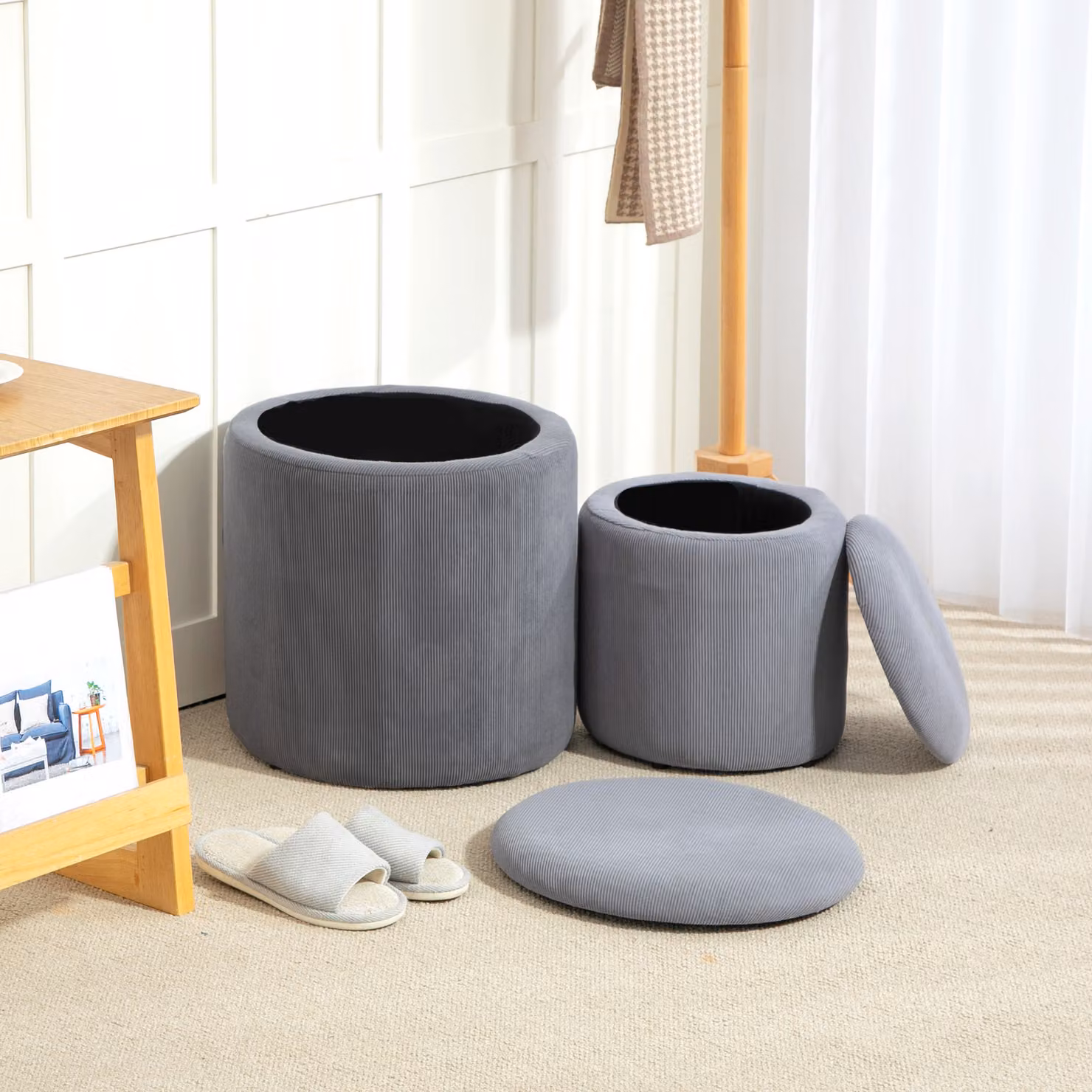 HOMCOM Modern Cylindrical Storage Ottoman with Removable Lid in Light Grey – 2