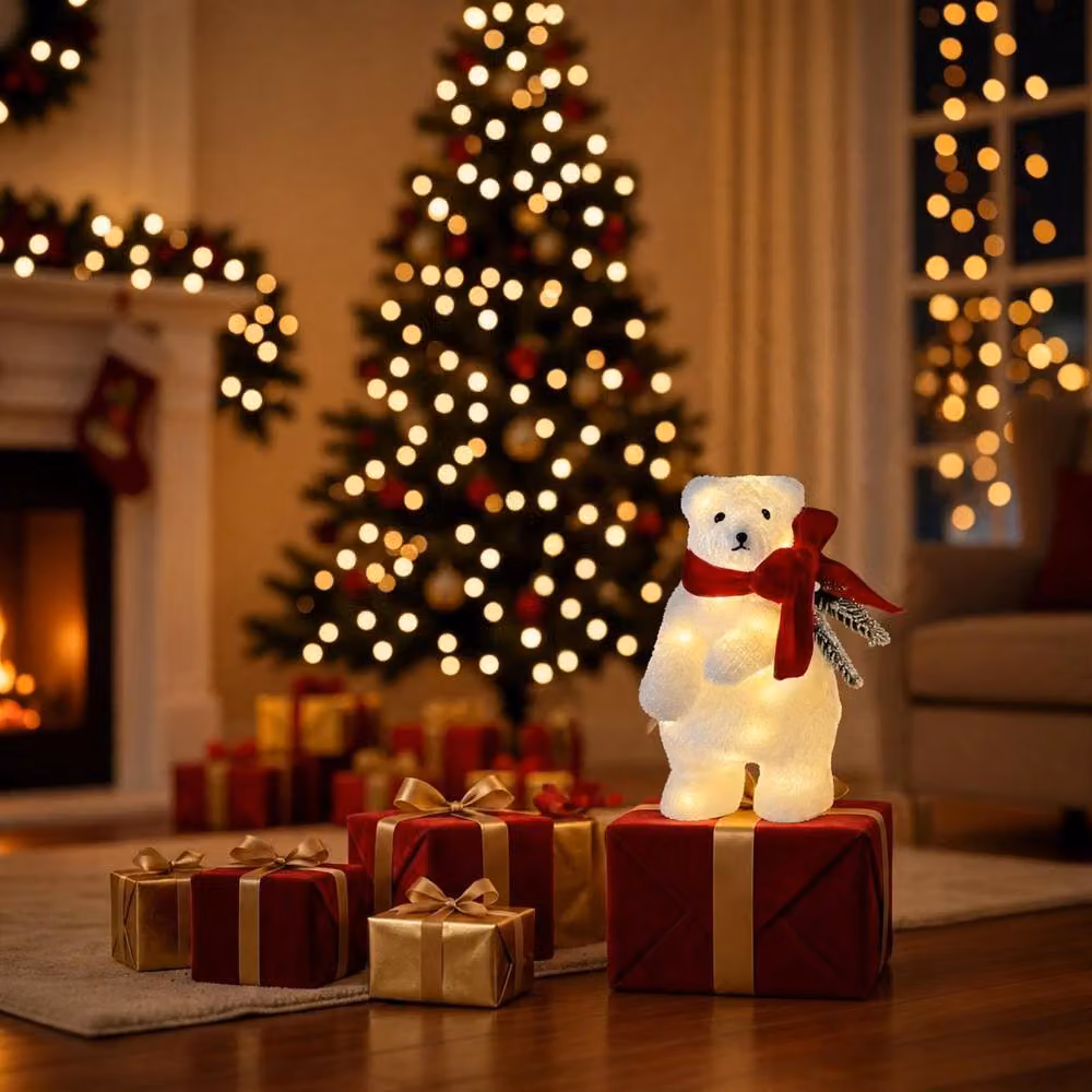 Shatchi Battery Operated Warm White LED Polar Bear Christmas Decoration, White and Red, Height: 20 cm – 2