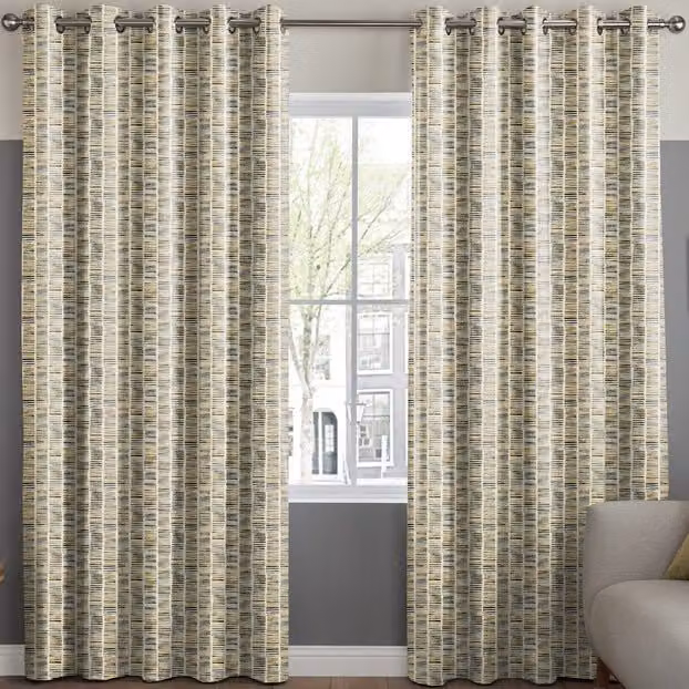 Terrys Made to Measure Striped Blackout Fabric Panel Curtain in Grey, Yellow and Beige with Eyelets