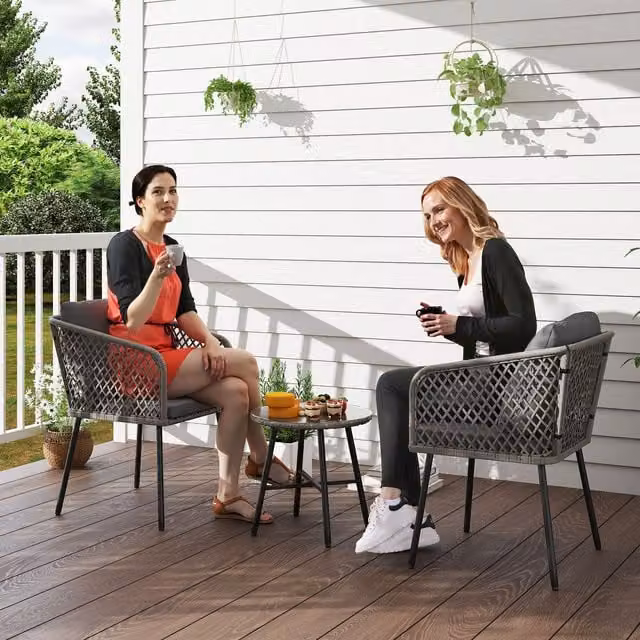 Outsunny 3 Piece Modern Rattan Bistro Set with Cushions and Glass Table in Grey