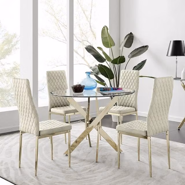 FurnitureboxUK Novara 100cm Round Glass Dining Table and 4 Milan Velvet Chairs in Cream and Gold