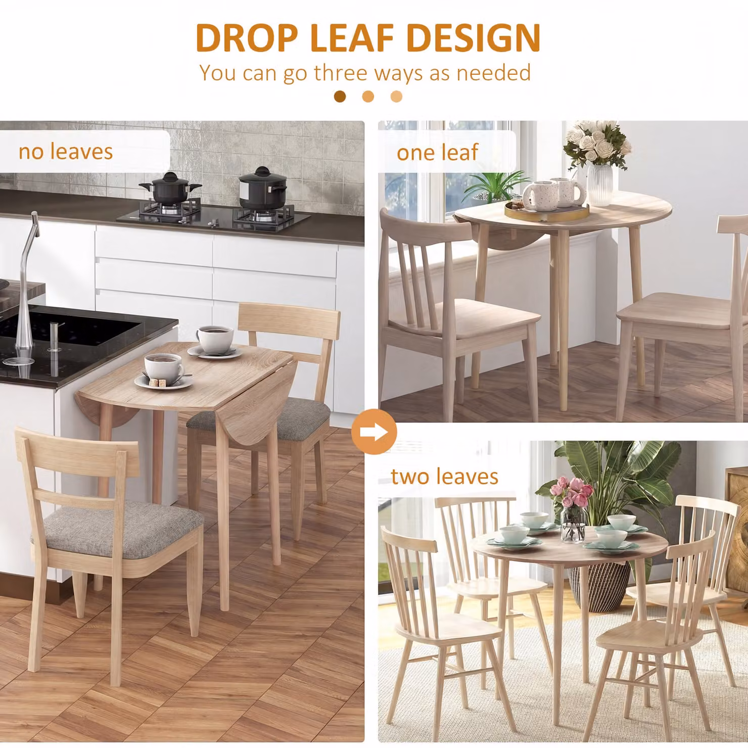 HOMCOM Round Drop Leaf Wood Dining Table for 4 People in Natural Brown – 3